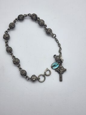 Vintage Silver Tone Rose Bud Rosary Bracelet Miraculous Medal Ave Maria